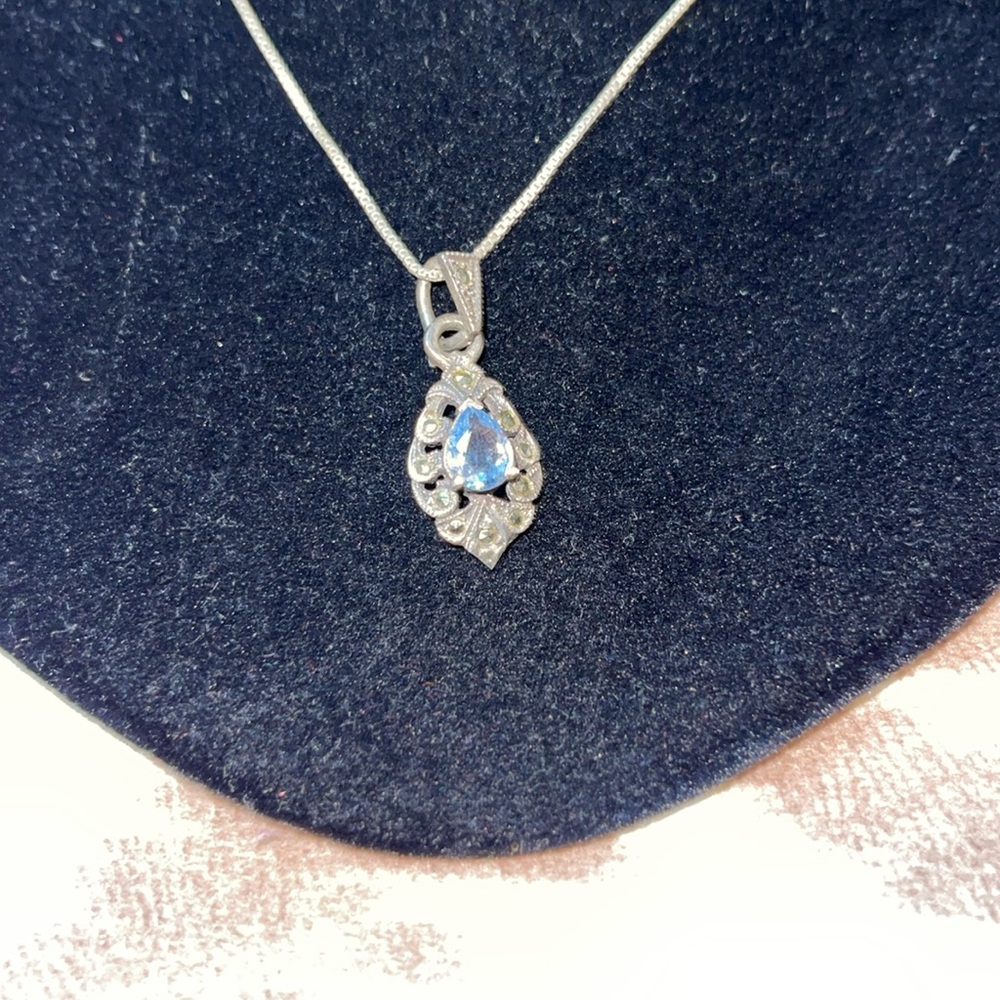 Vintage CW Charm Sterling Silver Aquqmarine Marcasite Victorian Style Jewelry